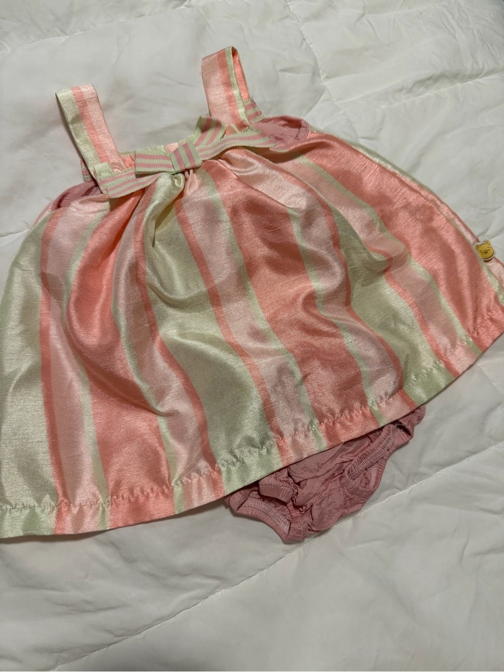 Pink & Cream Striped Baby Dress with Bow and Matching Diaper Cover